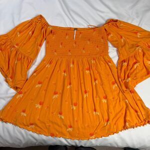 Free People Orange Floral Print Off Shoulder Smock Tunic Top Size XS